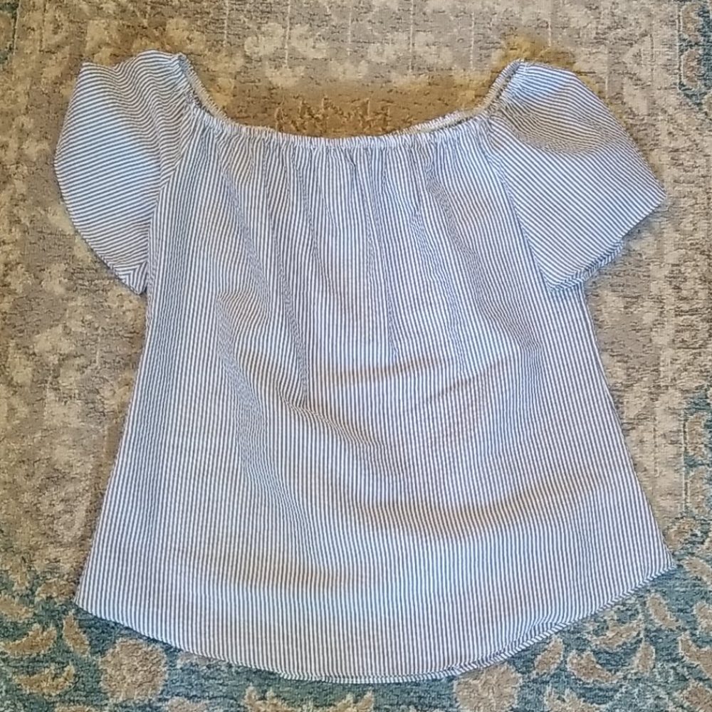 Blue and white striped off-the-shoulder top